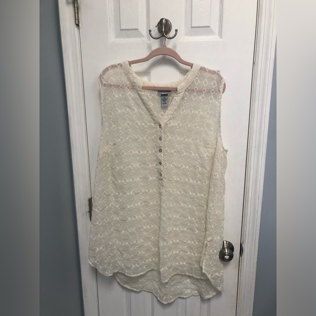 Catherines Cream Sleeveless Eyelet Henley Camisole Embroidered Blouse Lagenlook